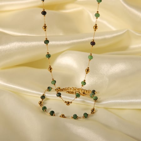 Conjunto de joyería para mujer con cuentas étnicas circulares de acero inoxidable color dorado y piedra natural, 1 pieza 2