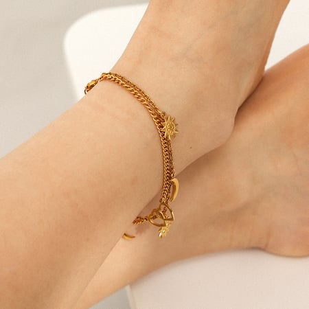 1 Stück einfache Fußkettchen aus Edelstahl mit Herz- und Mondmotiv in Goldfarbe