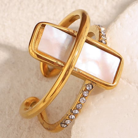 Anillo elegante de acero inoxidable rectangular con forma de concha de color dorado de 1 pieza 2