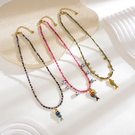 1 Piece Vintage Fish Stainless Steel Gold Color Natural Stone Women's Beaded Necklaces 2