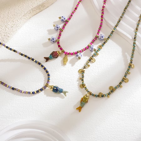 1 Piece Vintage Fish Stainless Steel Gold Color Natural Stone Women's Beaded Necklaces