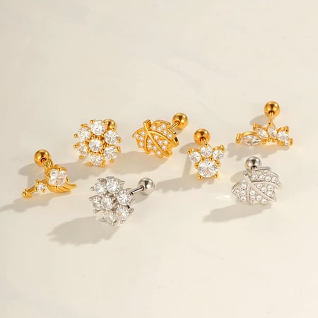 Orecchino piercing in zircone color rame e oro a forma di cuore con fiore, 1 pezzo 2