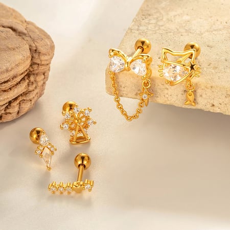 1 Piece Bow Knot Copper Gold Color Zircon Piercing Earring 2