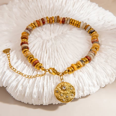Pulsera de cuentas de acero inoxidable color dorado con piedra natural de 1 pieza 2