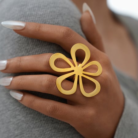 Bague de déclaration pour femme en acier inoxydable couleur or avec motif floral rétro, 1 pièce 2