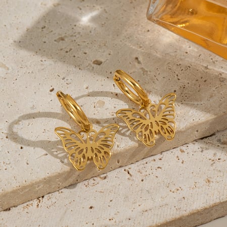 1 paio di orecchini pendenti da donna in acciaio inossidabile color oro a forma di farfalla romantica 2