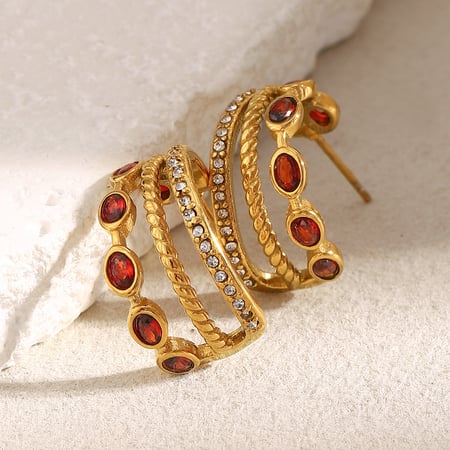 1 paire de boucles d&#39;oreilles créoles classiques en acier inoxydable couleur or et zircon rouge pour femme