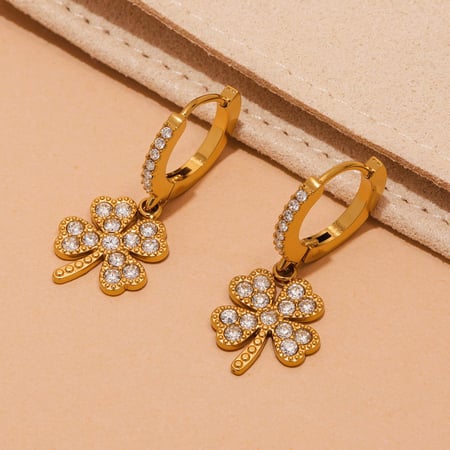 1 paio di eleganti orecchini pendenti da donna in acciaio inossidabile color oro con zirconi Clover