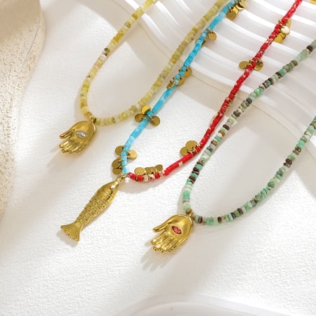 1 Piece Stylish Hand Stainless Steel Gold Color Natural Stone Women's Beaded Necklaces