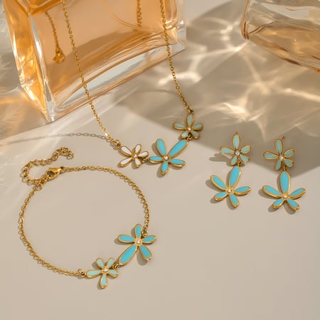 Romantische serie elegante bloemen roestvrijstalen goudkleurige strass kettingset 2