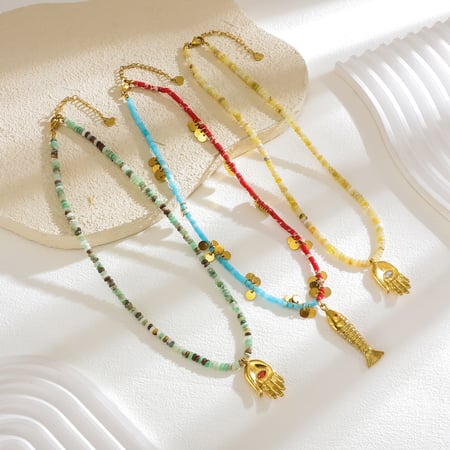 1 Piece Stylish Hand Stainless Steel Gold Color Natural Stone Women's Beaded Necklaces 2