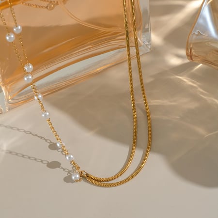 Collier superposé en acier inoxydable couleur or avec perles 2