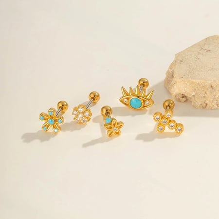 1 Adet Çiçek Bakır Altın Rengi Zirkonyum Piercing Küpe 2