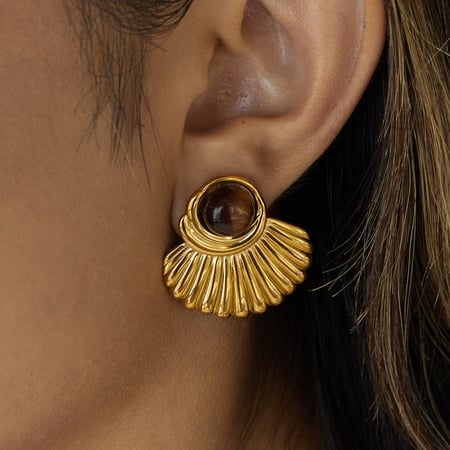 1 paar retro-vormige oorbellen van roestvrij staal met gouden kleur en natuursteen voor dames 2