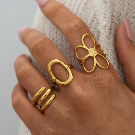 Anillos llamativos para mujer de acero inoxidable, color dorado, con diseño de flores y rectángulos informales, 1 pieza 2