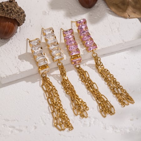 1 paio di orecchini pendenti di lusso con nappe in acciaio inossidabile color oro e zirconi 2