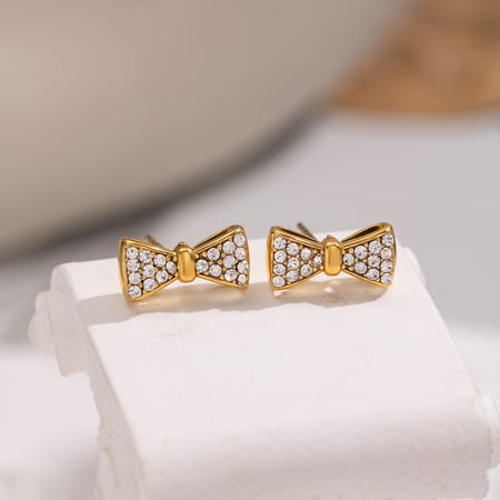 1 par de pendientes de botón de acero inoxidable con nudo de lazo en color dorado 2