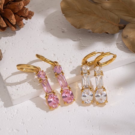 1 paio di orecchini pendenti in acciaio inossidabile color oro con zirconi rosa 2