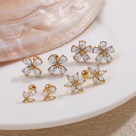 1 Çift Çiçek Paslanmaz Çelik Altın Renkli Zirkonyum Piercing Küpe 2