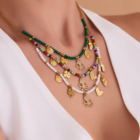 Collier de perles luxueux en acier inoxydable couleur or avec pierre naturelle et zircon pour femme, 1 pièce