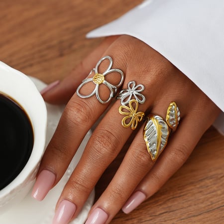 Bague pour femme en acier inoxydable couleur or avec motif fleur et plante 2