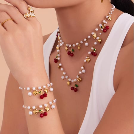 Parures de bijoux fantaisie pour femmes en acier inoxydable couleur or avec cœur et cerise 2
