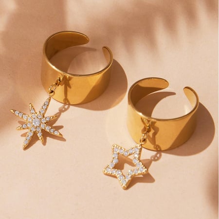 Anillo de acero inoxidable con circonitas de color dorado y estrella brillante para mujer, 1 pieza 2