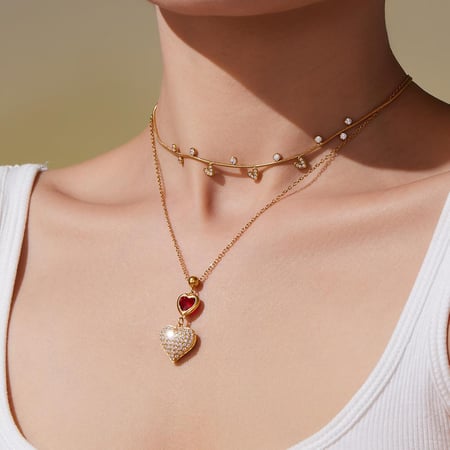 1 collar con colgante de circonita de color dorado y acero inoxidable con forma de corazón para mujer. 2