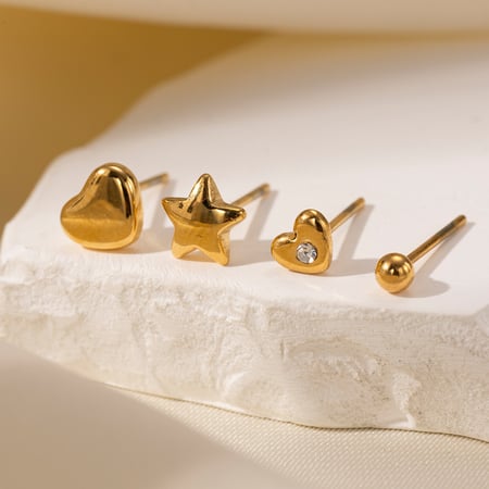 1 Set Ohrstecker aus Edelstahl mit Herz, Stern und Mond in Goldfarbe 2