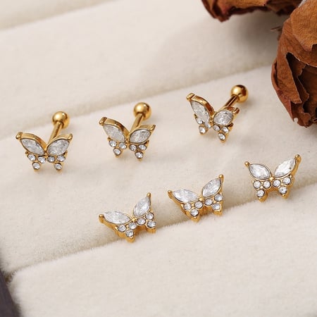 1 Çift Kelebek Paslanmaz Çelik Altın Renkli Kristal Piercing Küpe 2