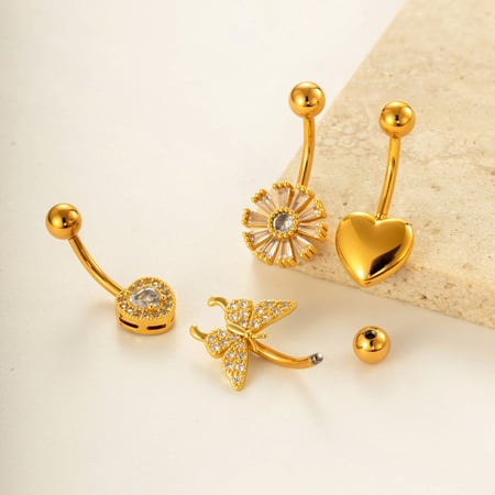 Piercing de nombril élégant en forme de fleur, de cœur et de papillon, couleur cuivre et or, zircon