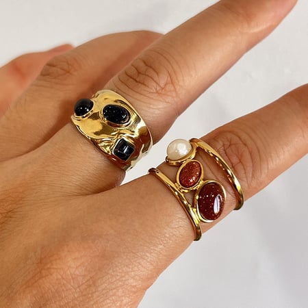 1 Parça Retro Düzensiz Şekil Paslanmaz Çelik Altın Rengi Doğal Taş Yüzük 2