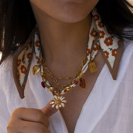 1 collar con colgante de tela de acero inoxidable color dorado con flores 2