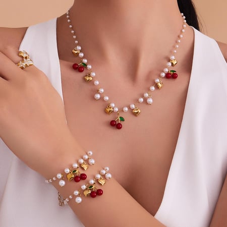Parures de bijoux fantaisie pour femmes en acier inoxydable couleur or avec cœur et cerise