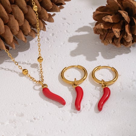 Emaille Chili Edelstahl Goldfarben Halsketten-Set 2