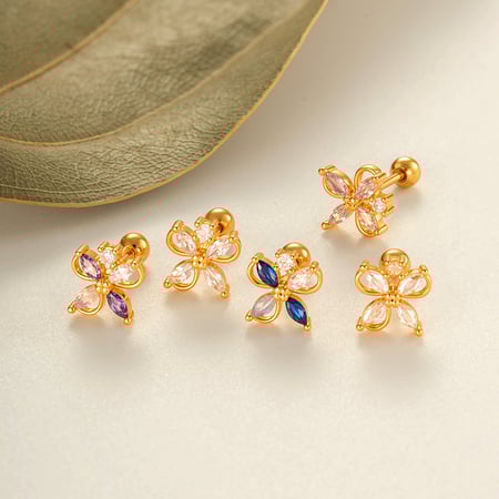 Boucle d&#39;oreille piercing fleur cuivre or zircon 1 pièce 2