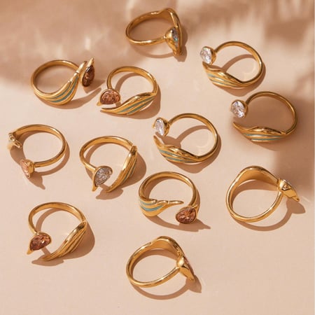 1 pezzo elegante anello da donna in acciaio inossidabile color oro con zirconi e pietre preziose 2