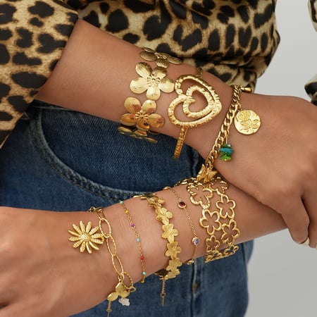 Set di gioielli da donna in acciaio inossidabile color oro con cuore a forma di fiore semplice, 1 pezzo 2