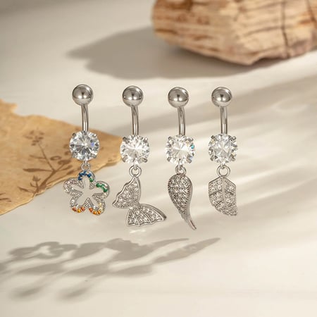 1 piercing para ombligo con diseño de flor, mariposa y circonita de cobre 2