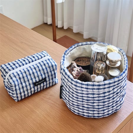 1 Adet Basit Günlük Mavi Kareli Kadın Makyaj Çantası 2