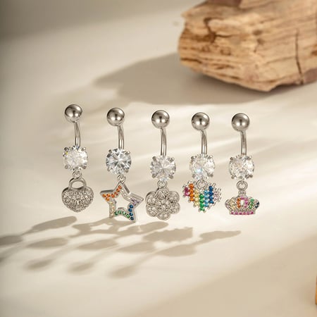 1 piercing para ombligo con forma de flor, corazón, estrella y circonita de cobre 2