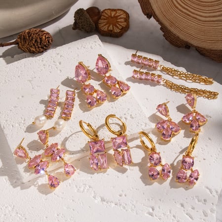 1 paio di orecchini pendenti in zircone rosa color oro in acciaio inossidabile della serie Lussuosa 2