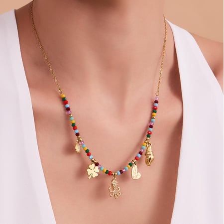 Collier de perles luxueux en acier inoxydable couleur or avec pierre naturelle et zircon pour femme, 1 pièce 2