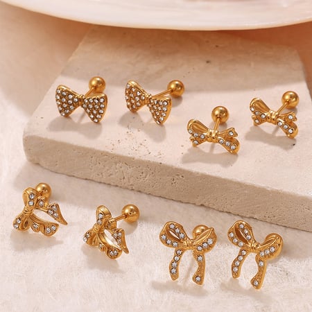 1 paar piercing oorbellen met strik en strass steentjes van roestvrij staal in goudkleur 2