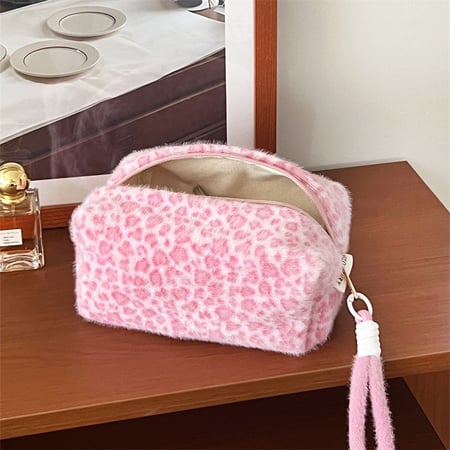 Trousse de maquillage en peluche pour femme, motif léopard rétro romantique, 1 pièce 2