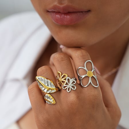 Bague pour femme en acier inoxydable couleur or avec motif fleur et plante