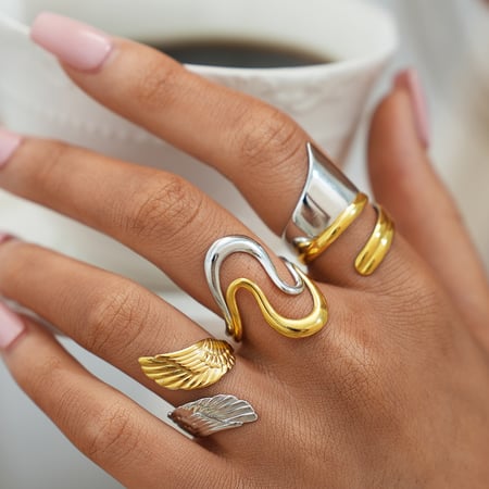 1 Stück Retro Mixed Gold Farbe und Silber Farben Flügel Edelstahl Damen Statement Ringe 2