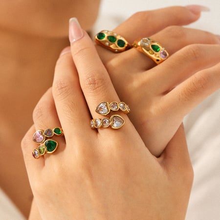 1 stuk luxe elegante onregelmatige vorm roestvrij staal goudkleurige zirkoon dames edelsteen ringen 2