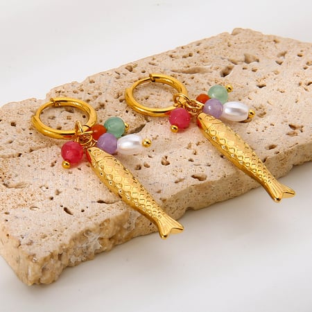 1 paar retro vis roestvrij staal gouden kunstmatige parel dames oorbellen