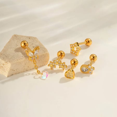 1 Adet Kelebek Bakır Altın Rengi Zirkonyum Piercing Küpe 2